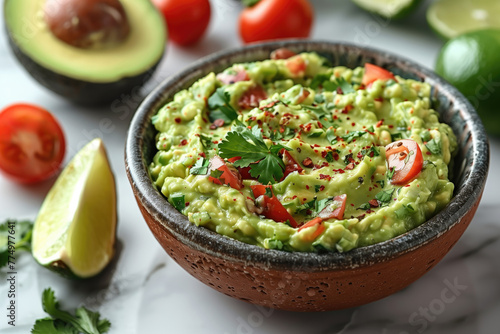 Bowl with tasty guacamole and ingredients on white background photo