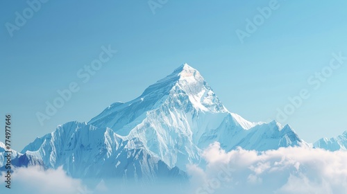Snow-capped peak of Mount Everest against a clear blue sky isolated on a gradient background © Artem