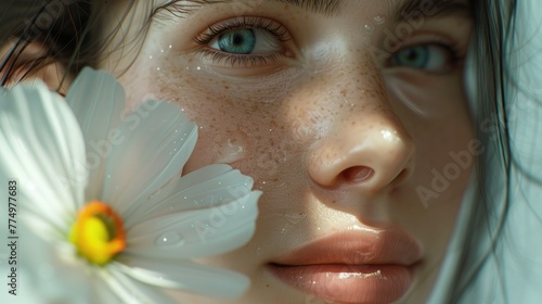 Ethereal Beauty with Daisy, Close-up of a young woman adorned with a daisy, her dewy skin and striking gaze convey natural beauty and serene grace