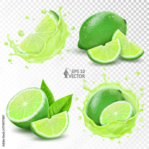 Fresh lime set, half and whole. Vector realistic juice splash. 3D food illustration isolated on white background for packaging and advertising design