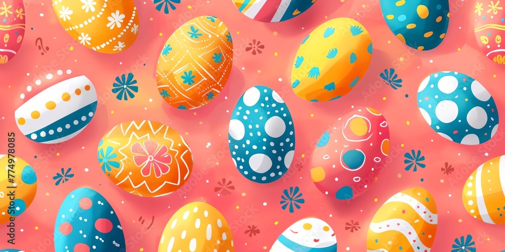 A colorful painting of many different colored eggs with a pink background
