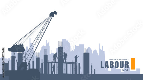 Labour day background design with construction workers and crane machine vector illustration