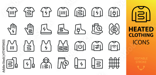 Heated clothing isolated icons set. Set of heated jacket, shirt, pants, gloves, socks, shoes, boots, insoles, clothes heating pad, portable battery for heated vest, heating fabric and textile icon