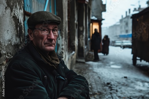 Portrait of an elderly man with glasses and a cap on the street