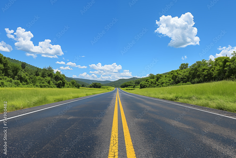 Long open road through lush countryside under a blue sky with clouds Long open road through lush countryside under a blue sky with clouds