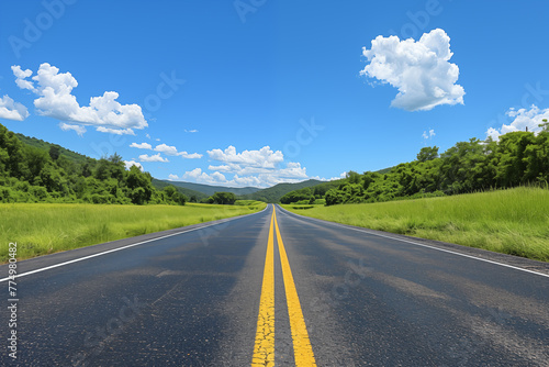 Long open road through lush countryside under a blue sky with clouds