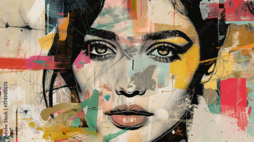 Captivating vintage collage: abstract pop art portrait of a charming young woman