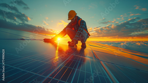 Man worker installing solar panels on roof, energy concept