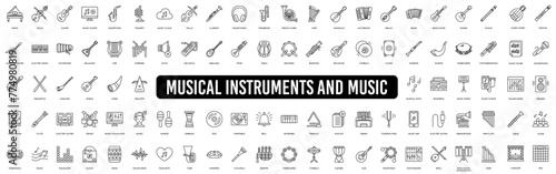 Musical instrument line icon set. Guitar, Treble Clef, In-ear headphones, trumpet icon