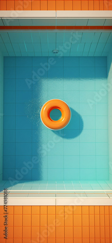 Top view,Deep Perspective ,indoor tile swimming pool,a orange Circular swiming ring float сreated with Generative Ai