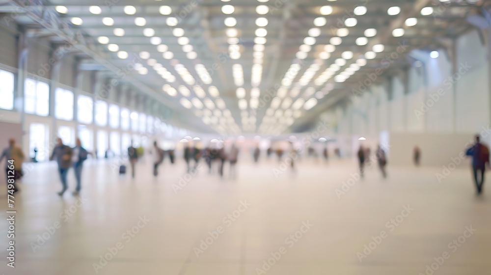 Dynamic atmosphere: blurred figures in exposition hall, perfect for international exhibitions, conferences, and events