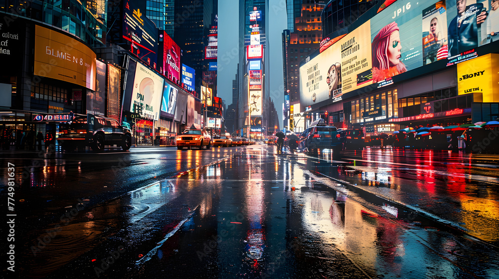 A dramatic portrayal of a bustling metropolis in the rain, with neon lights reflecting on the wet streets, emphasizing the juxtaposition of urban chaos and the soothing beauty of nature's elements A dramatic portrayal of a bustling metropolis in the rain, with neon lights reflecting on the wet streets, emphasizing the juxtaposition of urban chaos and the soothing beauty of nature's elements