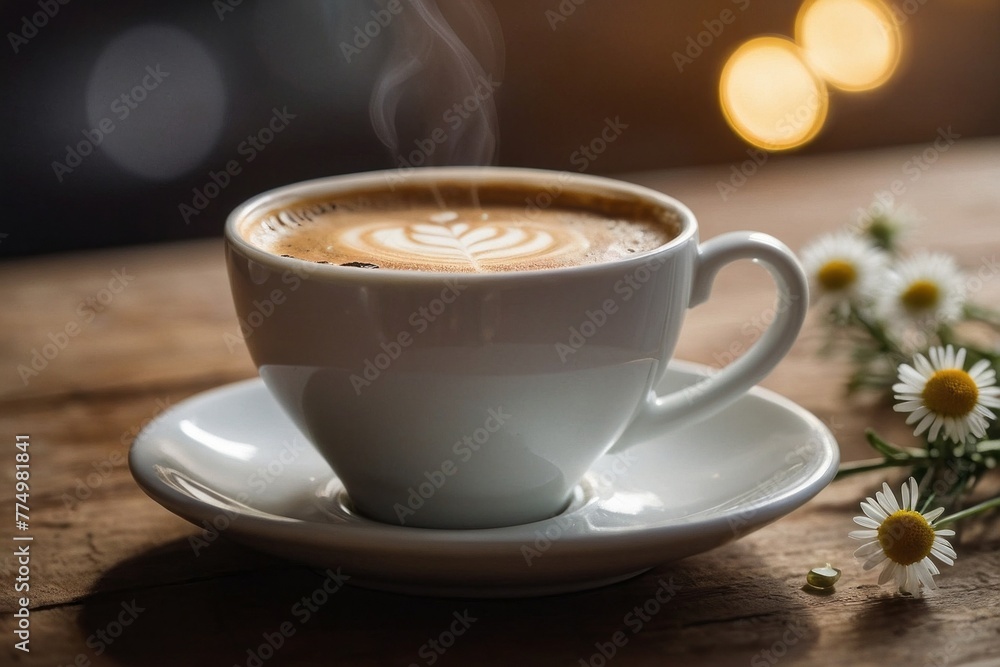 A white coffee cup with steam rising from it sits on a wooden table A white coffee cup with steam rising from it sits on a wooden table