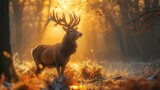 Beautiful red deer with large antlers at sunrise in autumn.