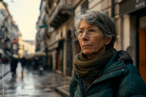 Portrait of an elderly woman in glasses on a city street.