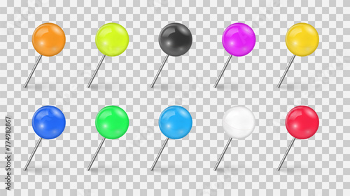 Sewing needle or plastic push pins tacks for paper notice. Set of colorful push pin tack in different foreshortening isolated on transparent background. Realistic thumbtacks. Vector illustration.