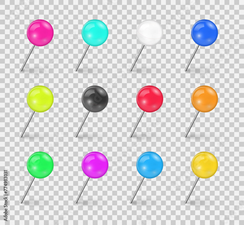 Sewing needle or plastic push pins tacks for paper notice. Set of colorful push pin tack in different foreshortening isolated on transparent background. Realistic thumbtacks. Vector illustration.