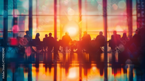 Inspiring meetings amidst urban vistas: Group of individuals gathered in a conference room, taking in the cityscape as they collaborate