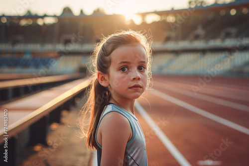 cute little girl athlete on the stadium