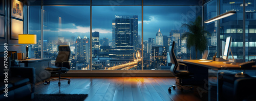 The serene office stands ready, its windows framing the bustling city below, a silent partner to the night's endeavors. A modern executive office awaits its occupant