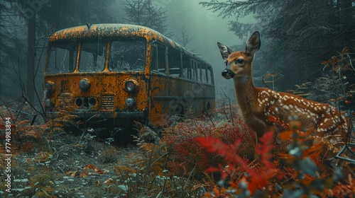 Fawn on the background of an old school bus and autumn flowers