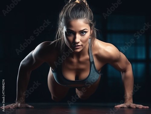 Athletic young woman doing sports or fitness doing push-ups or exercising, beautiful and smooth figure theme 