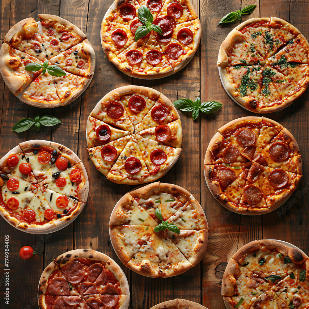 top view of many different pizzas on the wooden table top view of many different pizzas on the wooden table