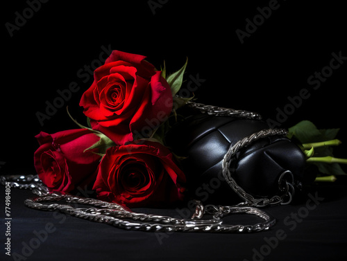 BDSM objects with red rose, black leather handcuffs and on e branch of fresh red rose bouquet on black background, with copy space.  photo