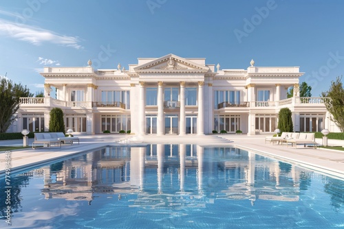 a large white building with a pool
