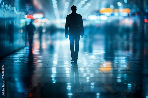Silhouette of business man walking in airport corridor, blue lights, bokeh background.