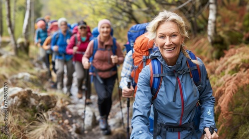 A group of middle aged women hikers smiling and walking on the mountain trail.