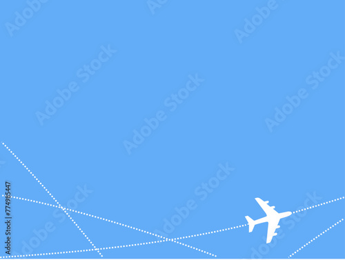 blue background with white airplane taking off travel