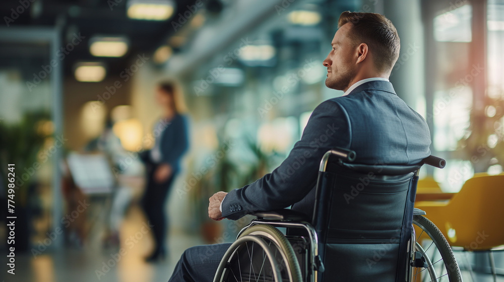 Confident man sitting in a wheelchair in a corporate business environment, inclusion Confident man sitting in a wheelchair in a corporate business environment, inclusion