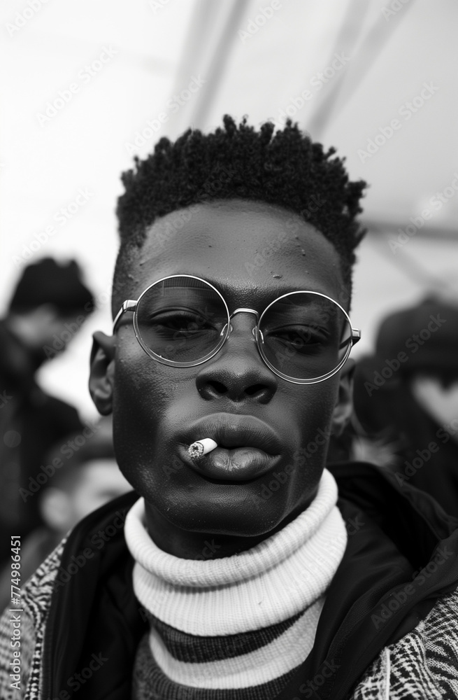 Monochrome Street Style Portrait - Fashionable Man with Round Glasses Monochrome Street Style Portrait - Fashionable Man with Round Glasses