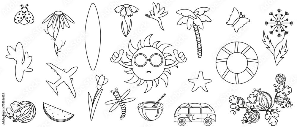 Obraz premium Black and White Summer set. Silhouettes Sun, travel Bus, Palm tree, Aircraft. Summer elements and icons isolated white. Vector illustration can used web banner, poster template design. Editable stroke