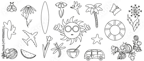 Black and White Summer set. Silhouettes Sun, travel Bus, Palm tree, Aircraft. Summer elements and icons isolated white. Vector illustration can used web banner, poster template design. Editable stroke
