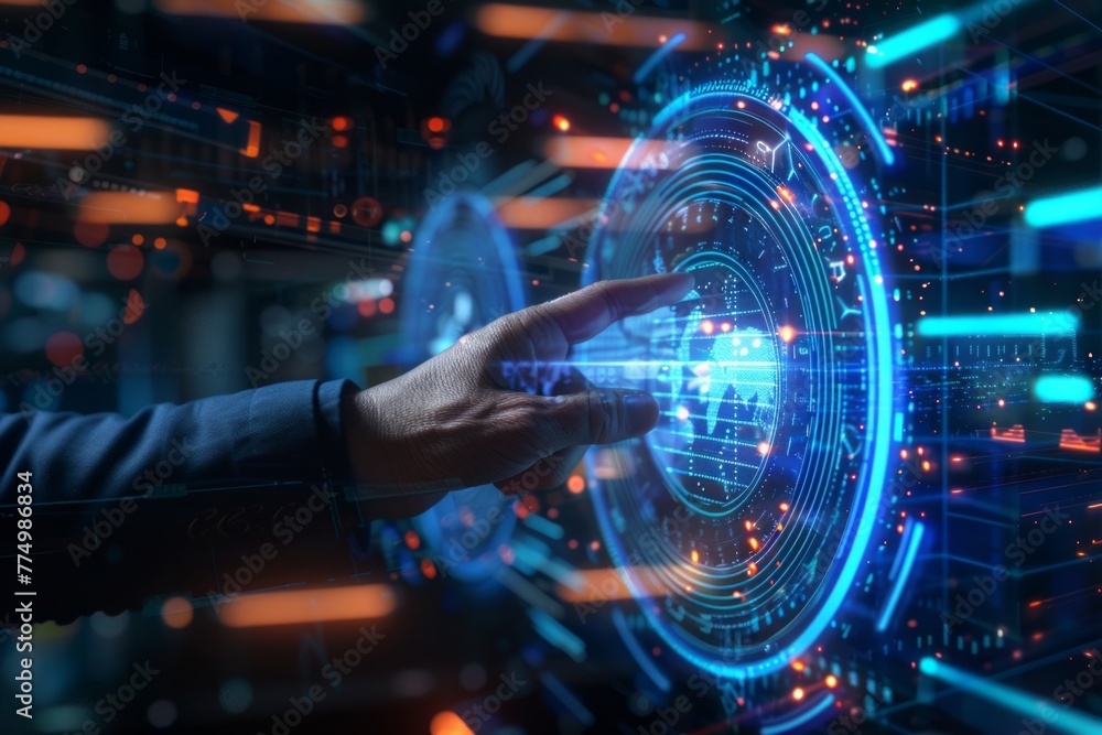 Fascinating data visualization: Person points at a screen adorned with a blue background and an intricate pattern of dots Fascinating data visualization: Person points at a screen adorned with a blue background and an intricate pattern of dots