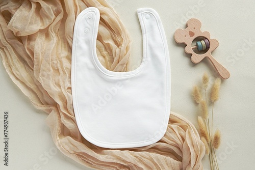 Slika na platnu White blank baby bib mockup for words, SVG design presentation, baby announcement, flat lay