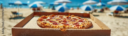 A delicious, cheesy pizza with various toppings sits inside an open cardboard takeaway box, with vibrant blue sun umbrellas and the sandy beach in the background, evoking a perfect summer day
