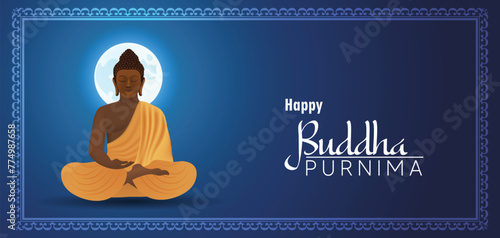 buddha sitting in front of glowing moon for buddha Purnima vector poster