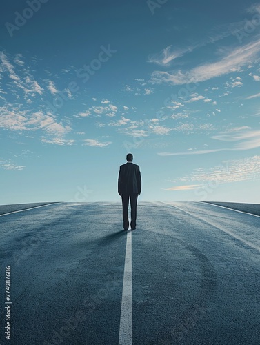 A determined businessperson in formal attire stands at the beginning of a long, winding road that stretches into the horizon, symbolizing the start of a challenging career journey