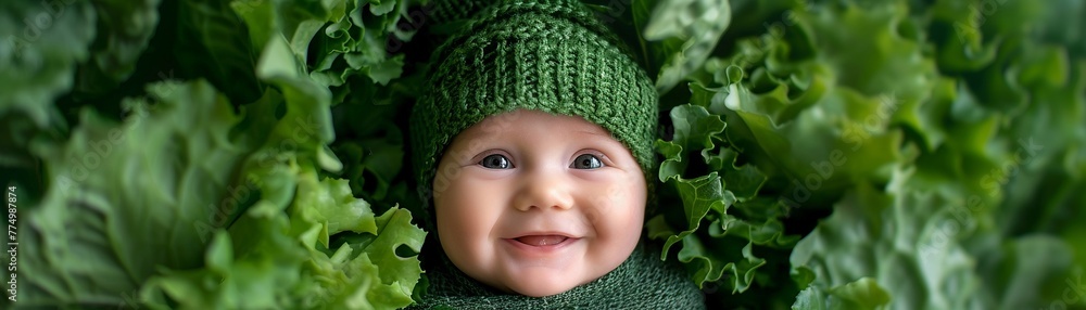 Adorable baby nestled in fresh, leafy greens, wearing a whimsical green hat, symbolizing growth, health, and new beginnings Adorable baby nestled in fresh, leafy greens, wearing a whimsical green hat, symbolizing growth, health, and new beginnings