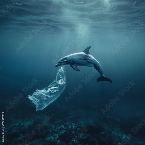 A solitary turtle gracefully navigates through the oceans depths, encountering a drifting plastic bag, a stark symbol of the pervasive plastic pollution threatening marine life © Pairat