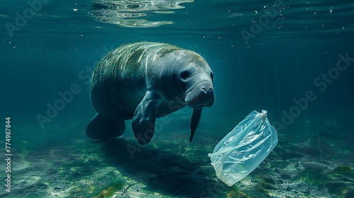A solitary manatee gracefully navigates through the oceans depths, encountering a drifting plastic bag, a stark symbol of the pervasive plastic pollution threatening marine life