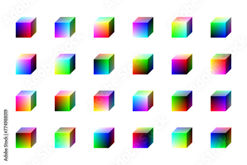 Vector cubes with color gradients, representing parts of RGB color space. 24 different views
