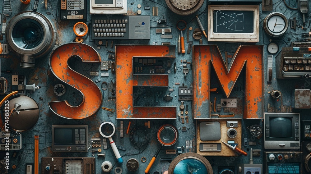 A captivating collage artwork symbolizing Search Engine Marketing SEM using cutout letters spelling out SEM surrounded by images of computer screens, search bars, and magnifying glasses - obrazy, fototapety, plakaty 