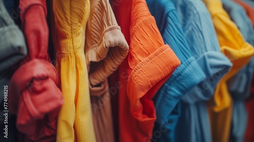 Close-up view of vibrant array of t-shirts showcasing different colors and fabrics, symbolizing the impact of fast fashion on consumer behavior