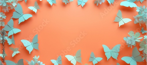 Cascading Paper Green Butterflies, in pastel orange background.
