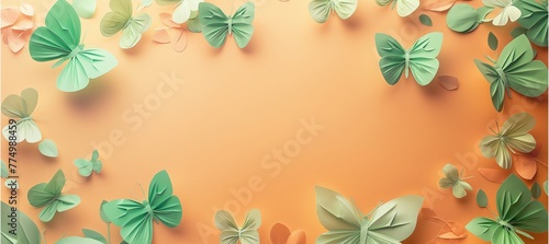 Cascading Paper Green Butterflies, in pastel orange background. © Sweet.Duck