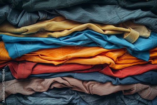 Neatly stacked pile of various colored t-shirts with textures and folds, illustrating fast fashion industry and consumer culture in clothing retail